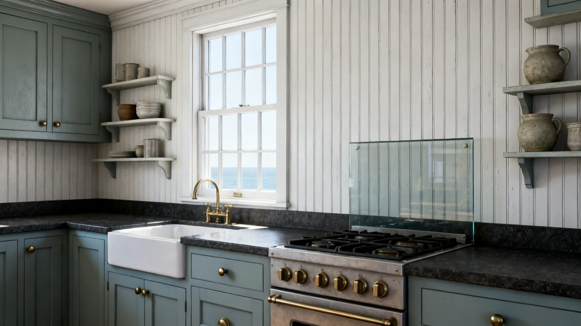 Small kitchen with white beadboard backsplash, muted shaker cabinets, and honed dark counters.