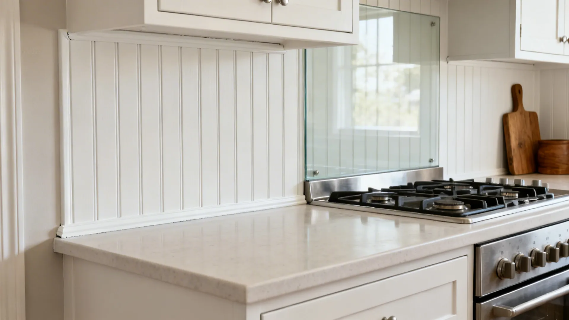 Vertical beadboard backsplash in satin white with a stainless or glass insert behind the cooktop.