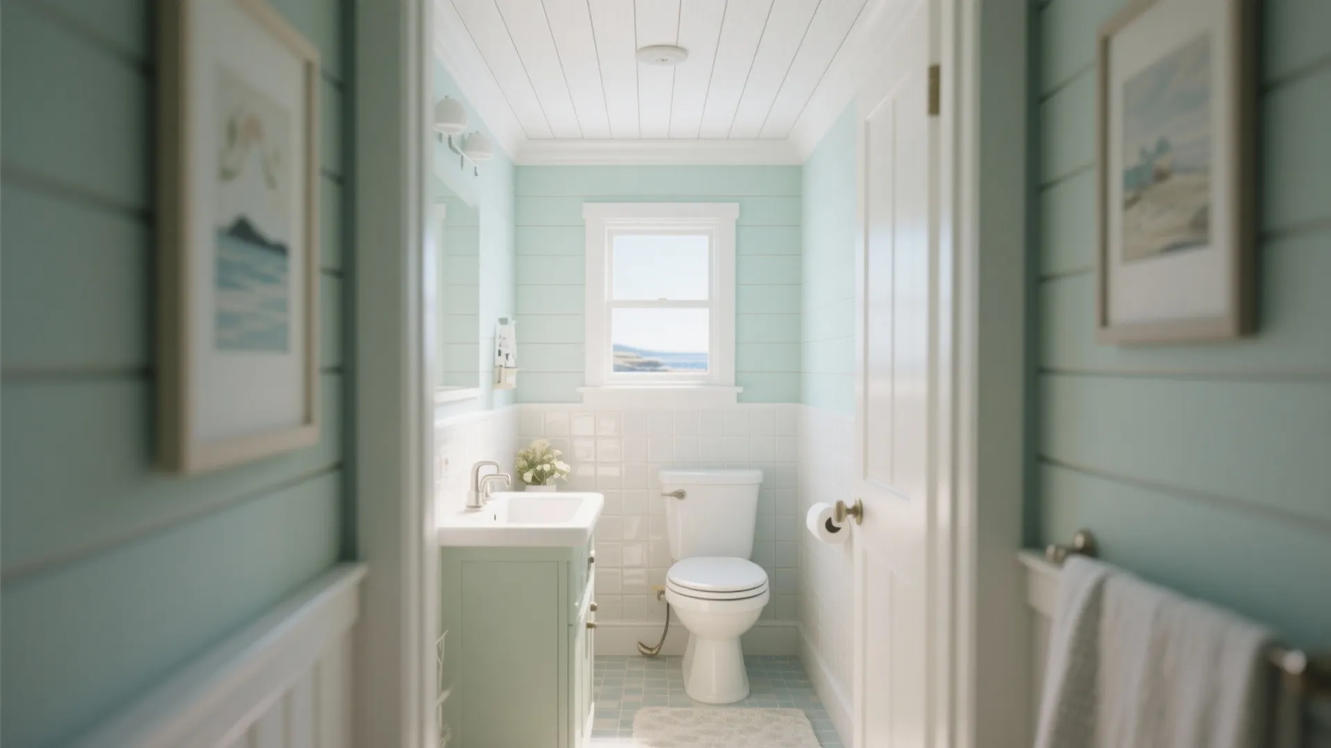 Small blue bathroom seen through doorway with green vanity white toilet and white wall panel