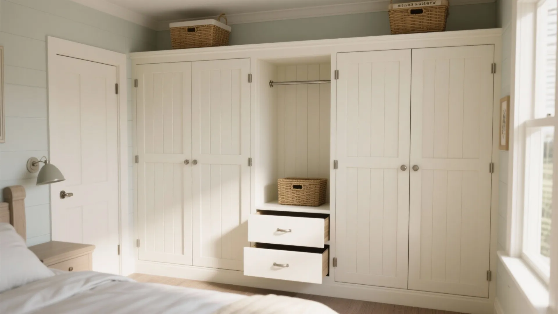 3. Built-in white storage with beadboard doors