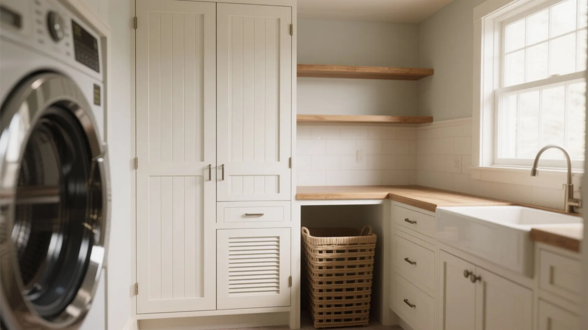 White laundry room with tall cabinets wooden counter open shelves basket and a large window