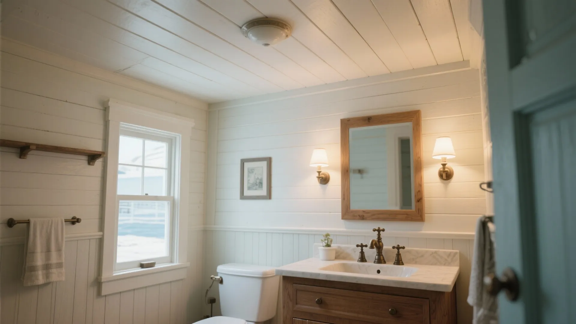 Bathroom featuring white wall panels wooden vanity marble sink mirror and a small round light