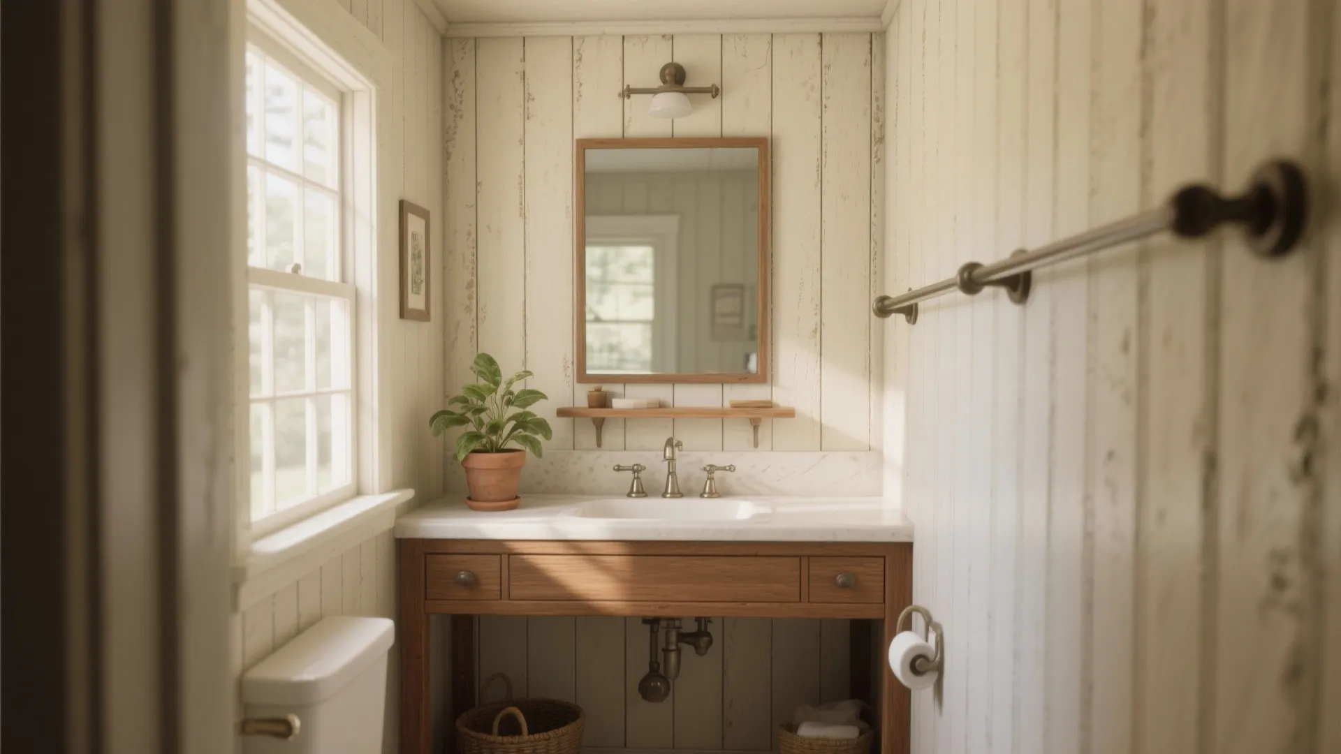 Vintage bathroom with white wall panel wooden sink cabinet mirror green plant and large window