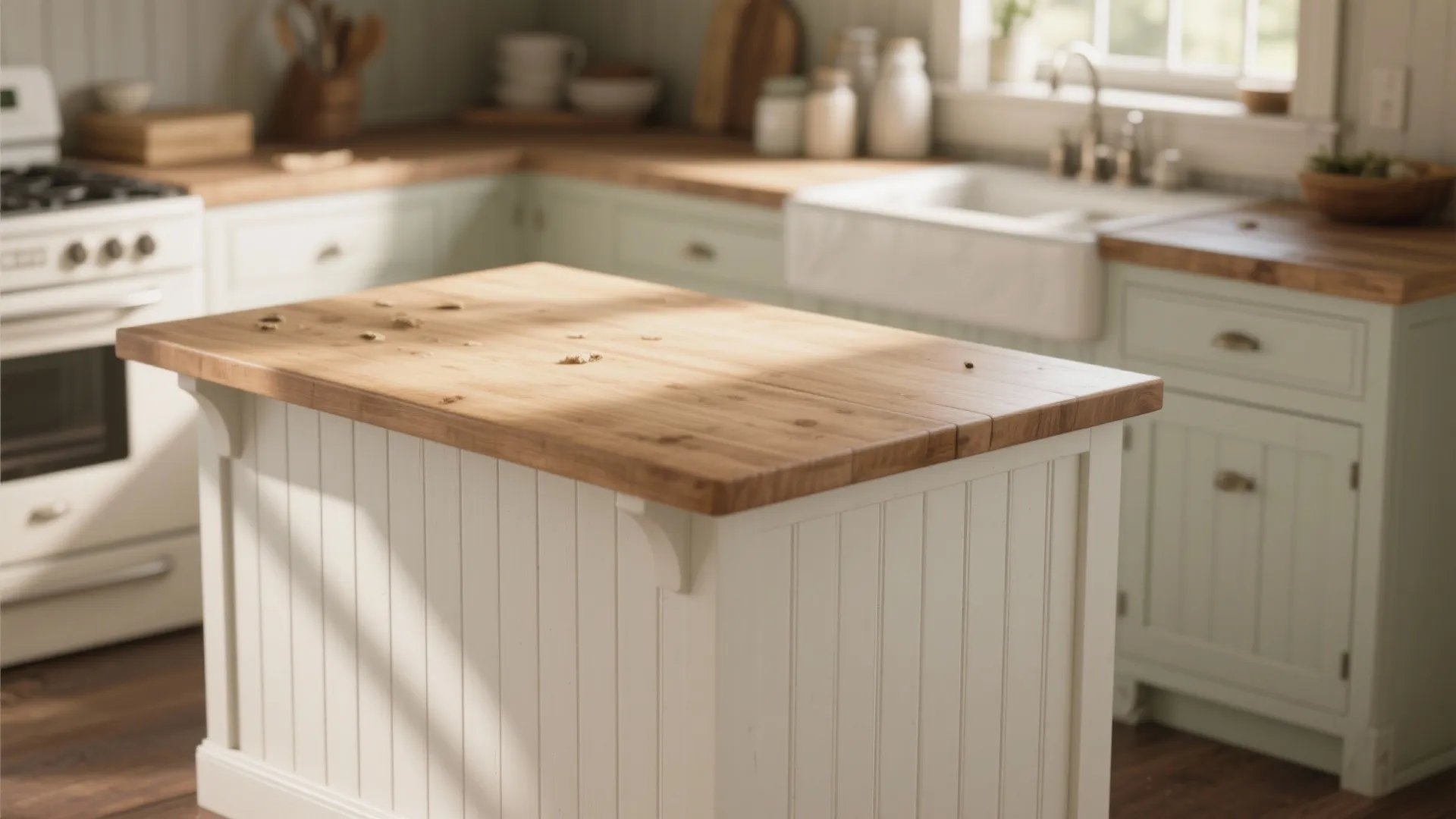 Kitchen island with wooden countertop and white wall panel base in a cozy rustic kitchen