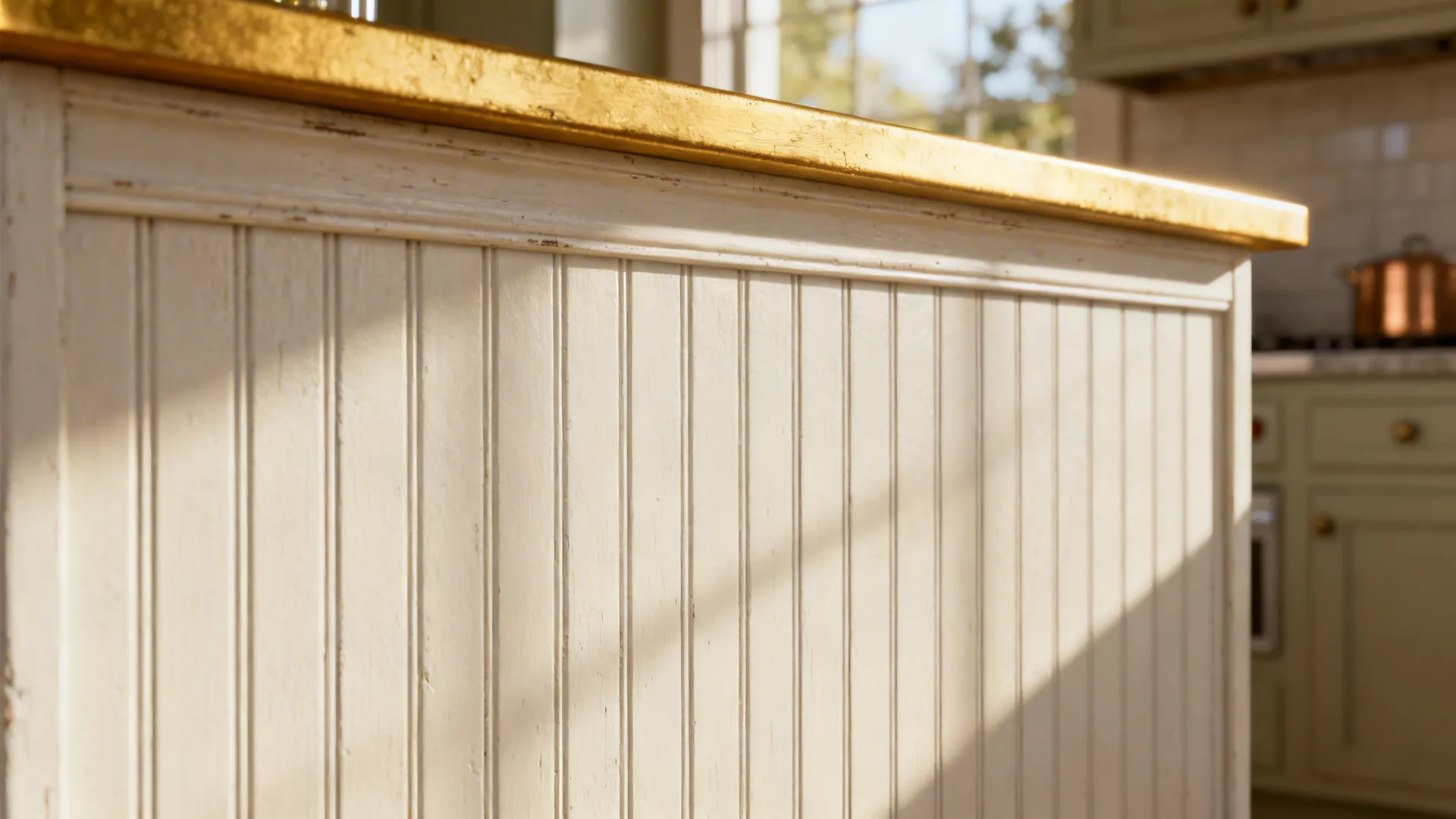 Close-up of painted beadboard paneling on a kitchen island showing grooves and sealed finish