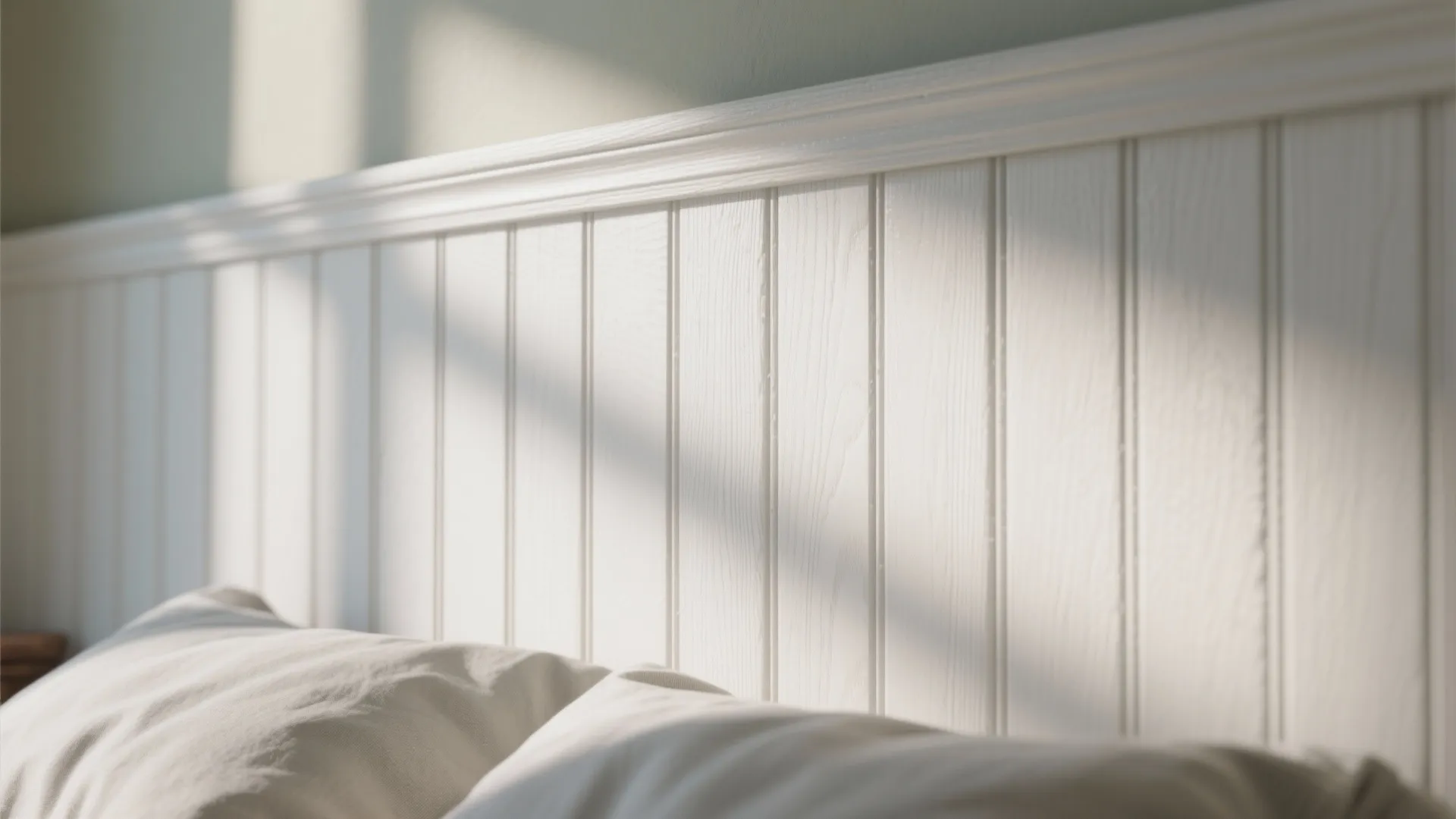 Close up of white vertical wall panel behind soft bed pillows with warm natural sunlight