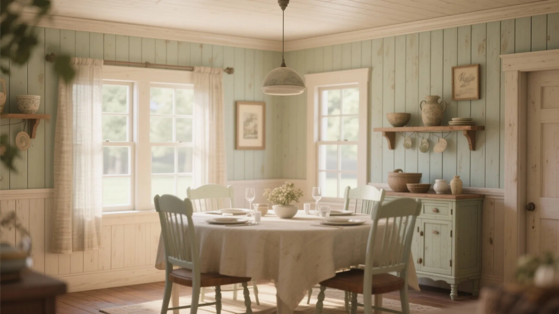 Cozy dining room with beadboard walls and cottage-inspired decor
