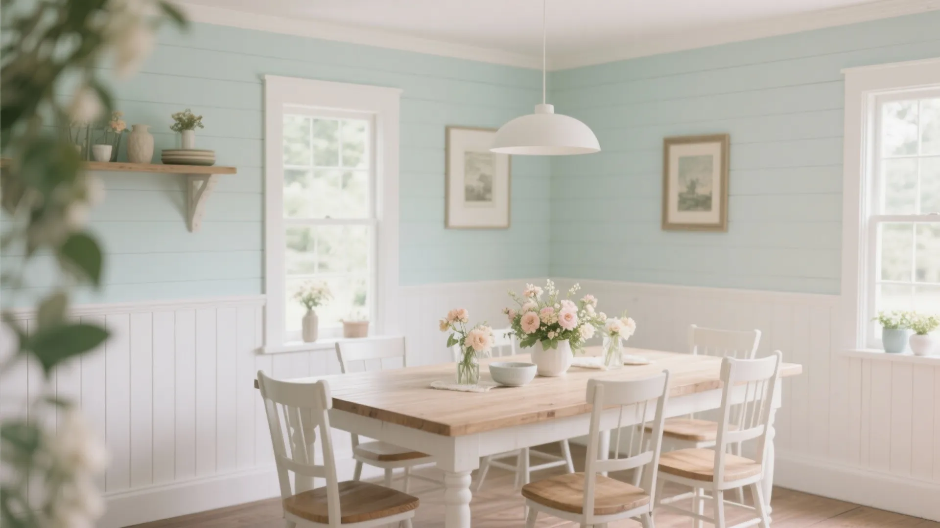 Bright dining area with light blue walls, white wall panels, wooden table, and white chairs