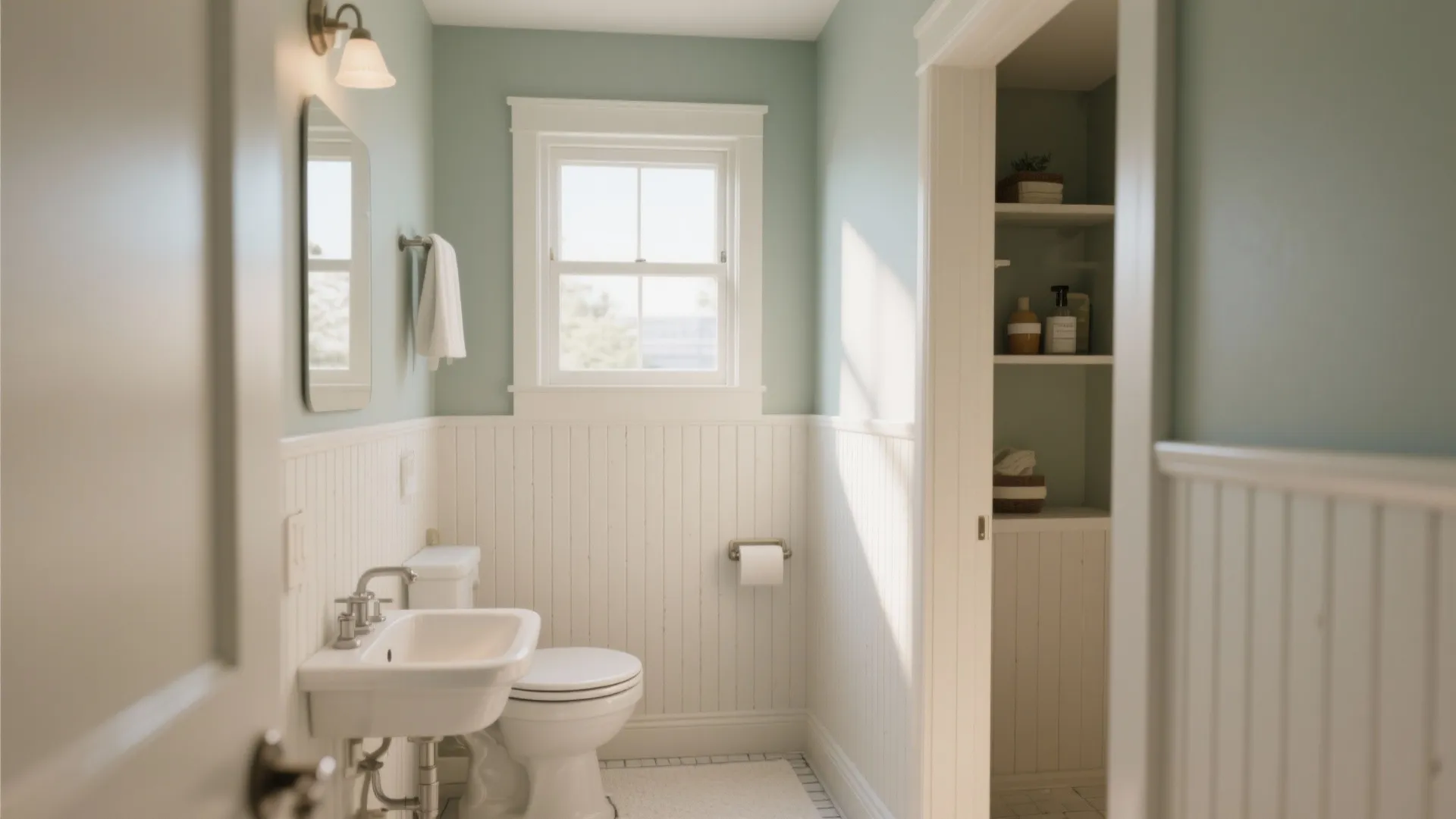 Light blue bathroom with white vertical wall panels a small storage nook sink and toilet