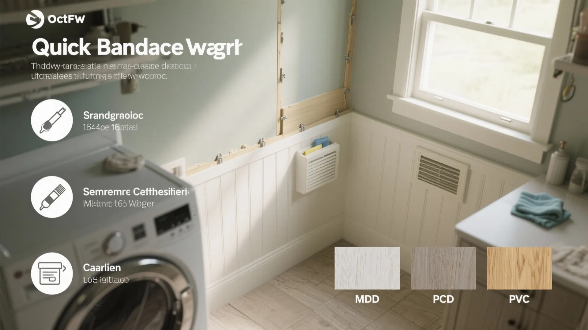 Laundry room interior with white wall panel design wood floor washing machine and window light