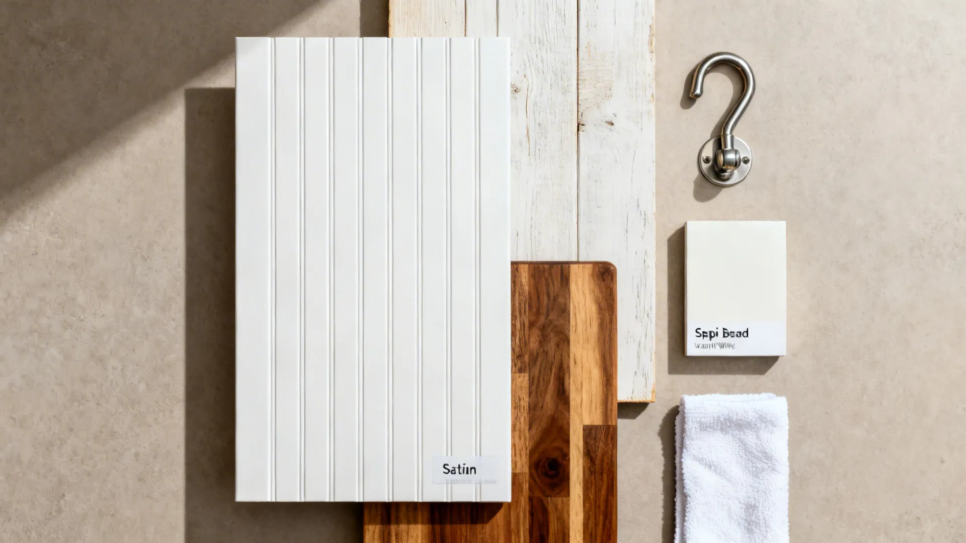 Flat lay with beadboard and shiplap samples, warm white paint, butcher block, and hardware accents.