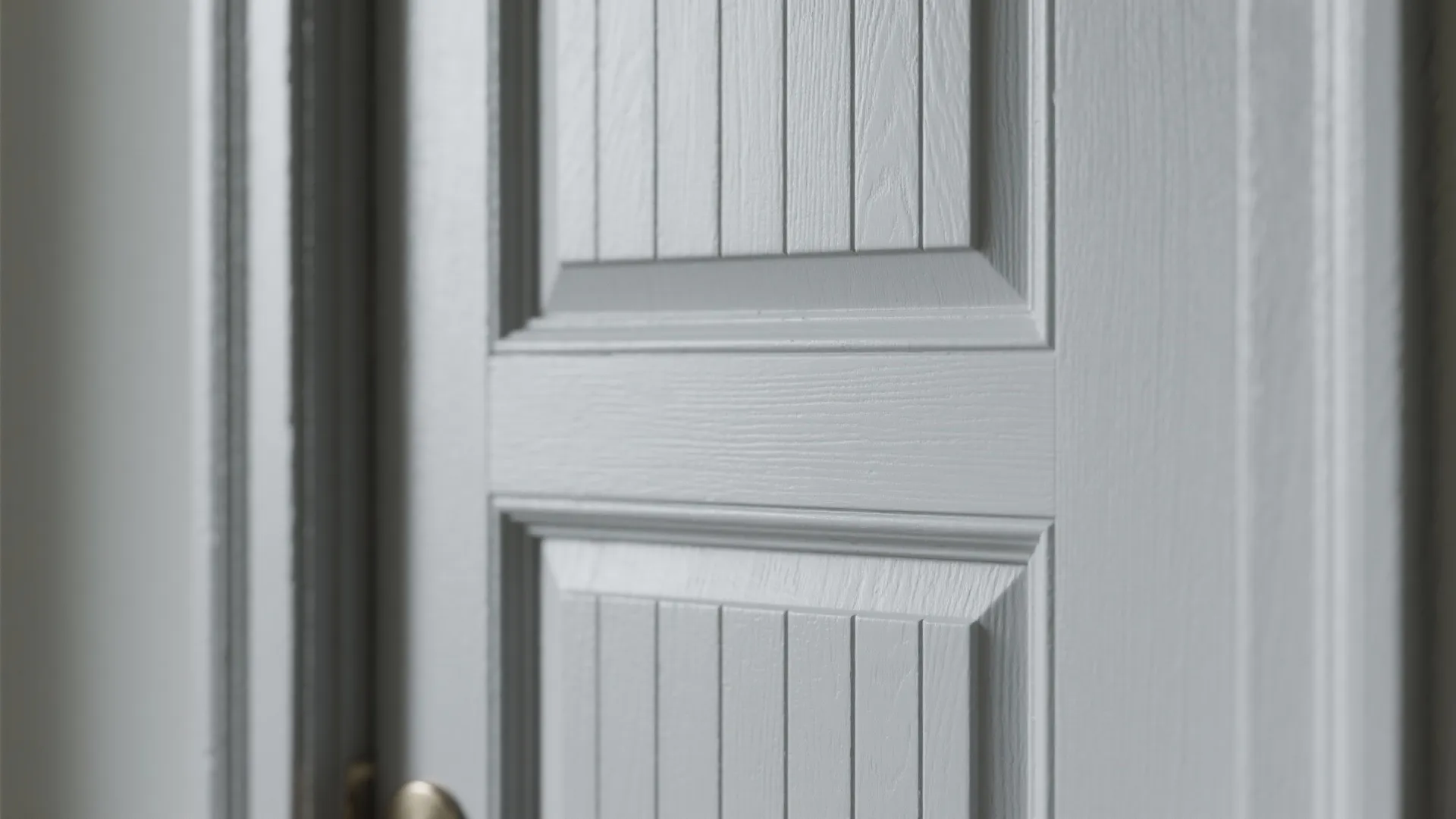 Subtle beadboard inset panel on a gray Shaker cabinet door close-up
