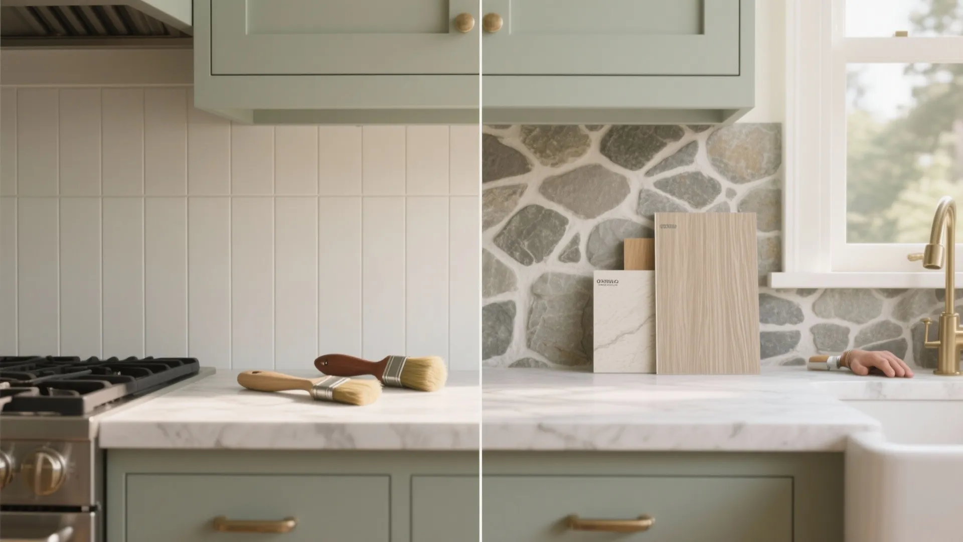 Side by side comparison of vertical white wall panels versus natural stone wall tile design