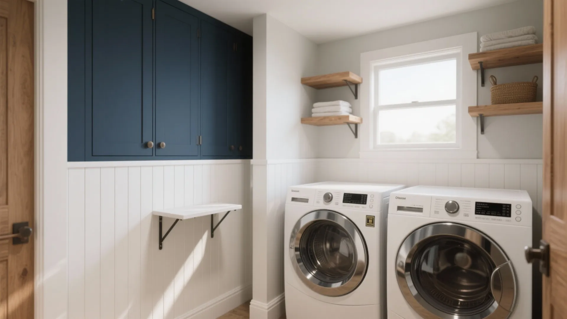 Laundry room with white washing machines dark blue cabinets white wall panels and wooden shelves