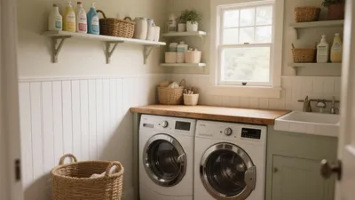 Cozy Farmhouse Laundry Room with Open Shelving