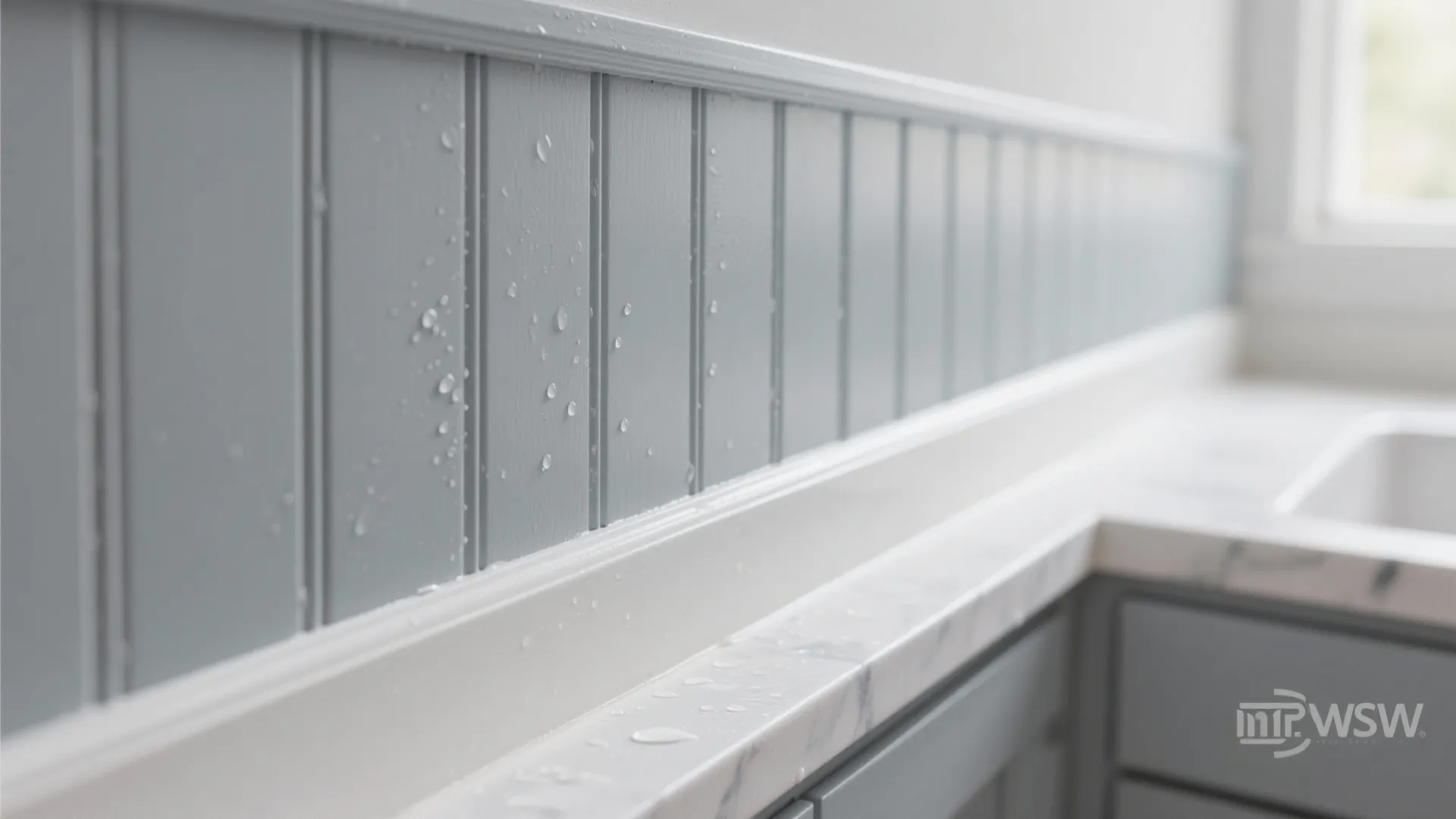 Close up of light blue waterproof wall panel with water droplets on white marble countertop