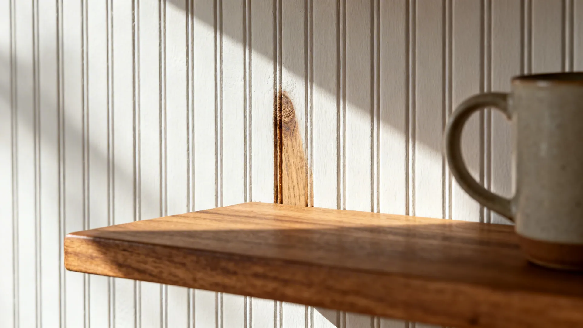 Macro of painted beadboard texture behind an oak open shelf with a ceramic mug.