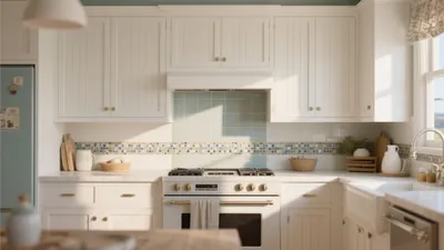 Coastal Farmhouse Kitchen with Blue Mosaic Tile Accents