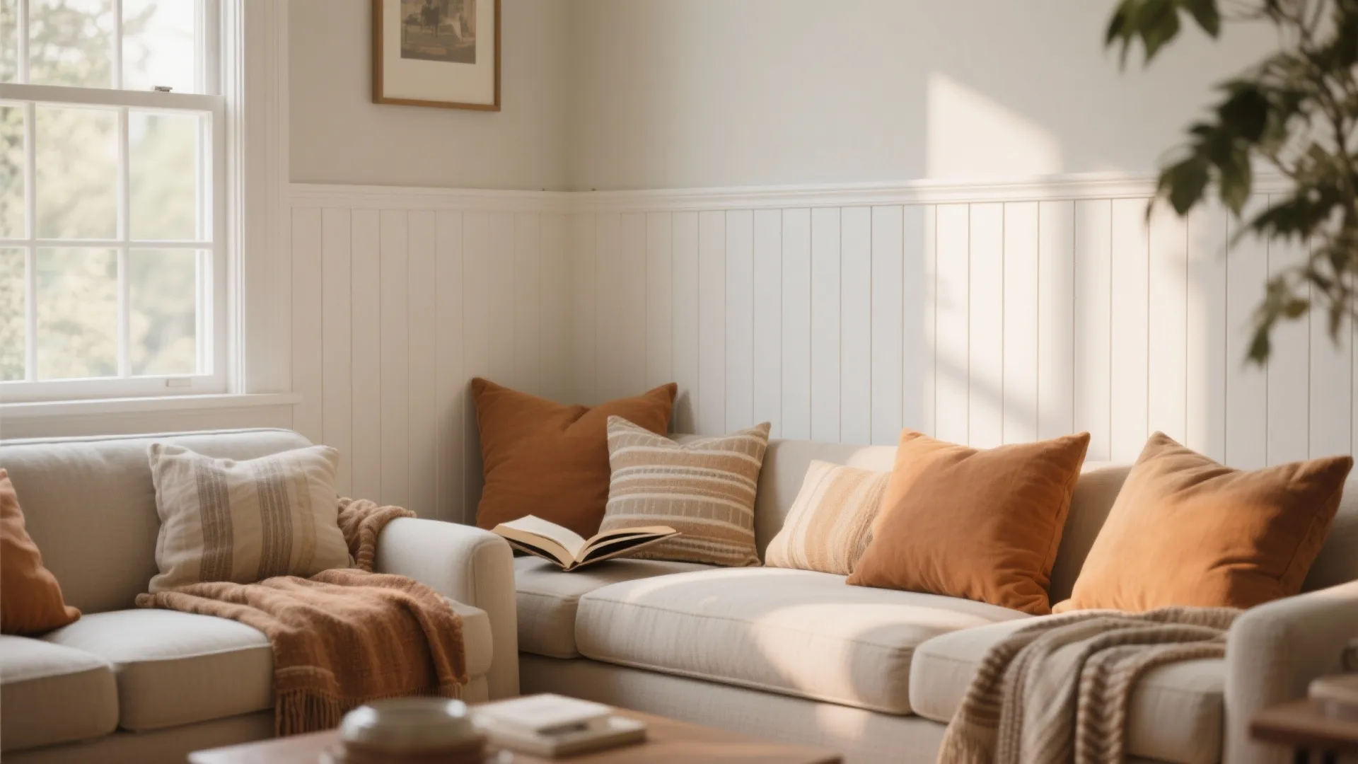 Cozy corner sofa with orange pillows white wall panel and natural light from a window
