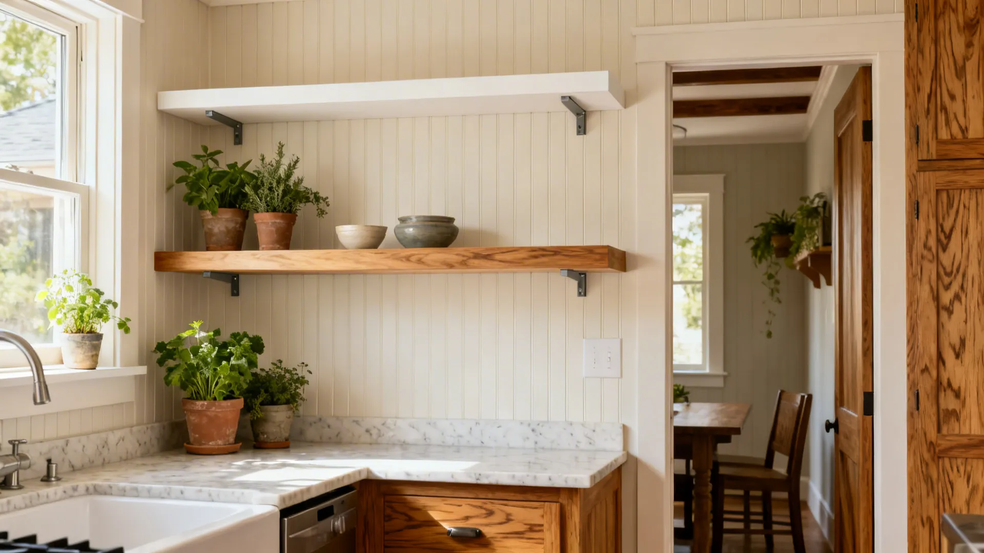 5) Beadboard with wood accents and shelf bridges