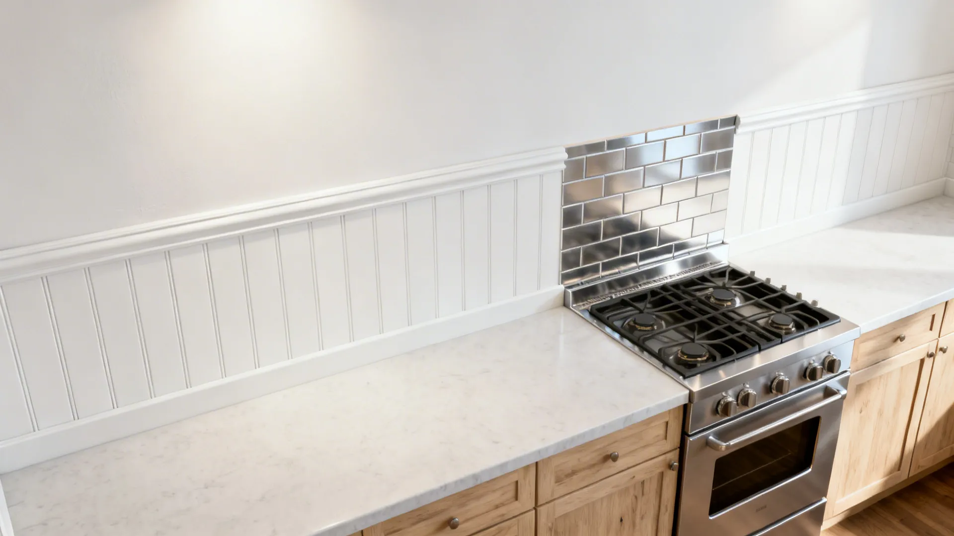 Top-down diagram showing beadboard backsplash layers and a protective insert behind the cooktop.