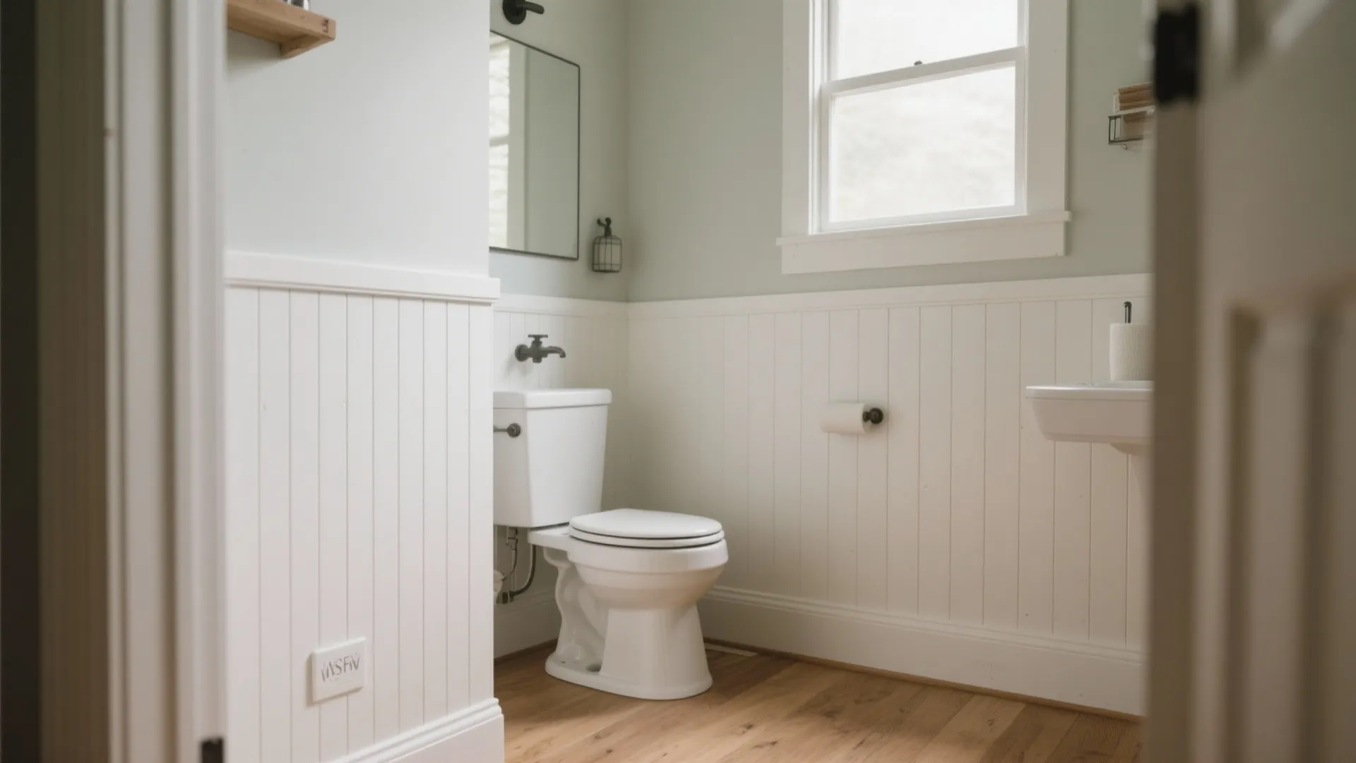 Bathroom interior featuring white wall panels with a white toilet and sink on wooden floors