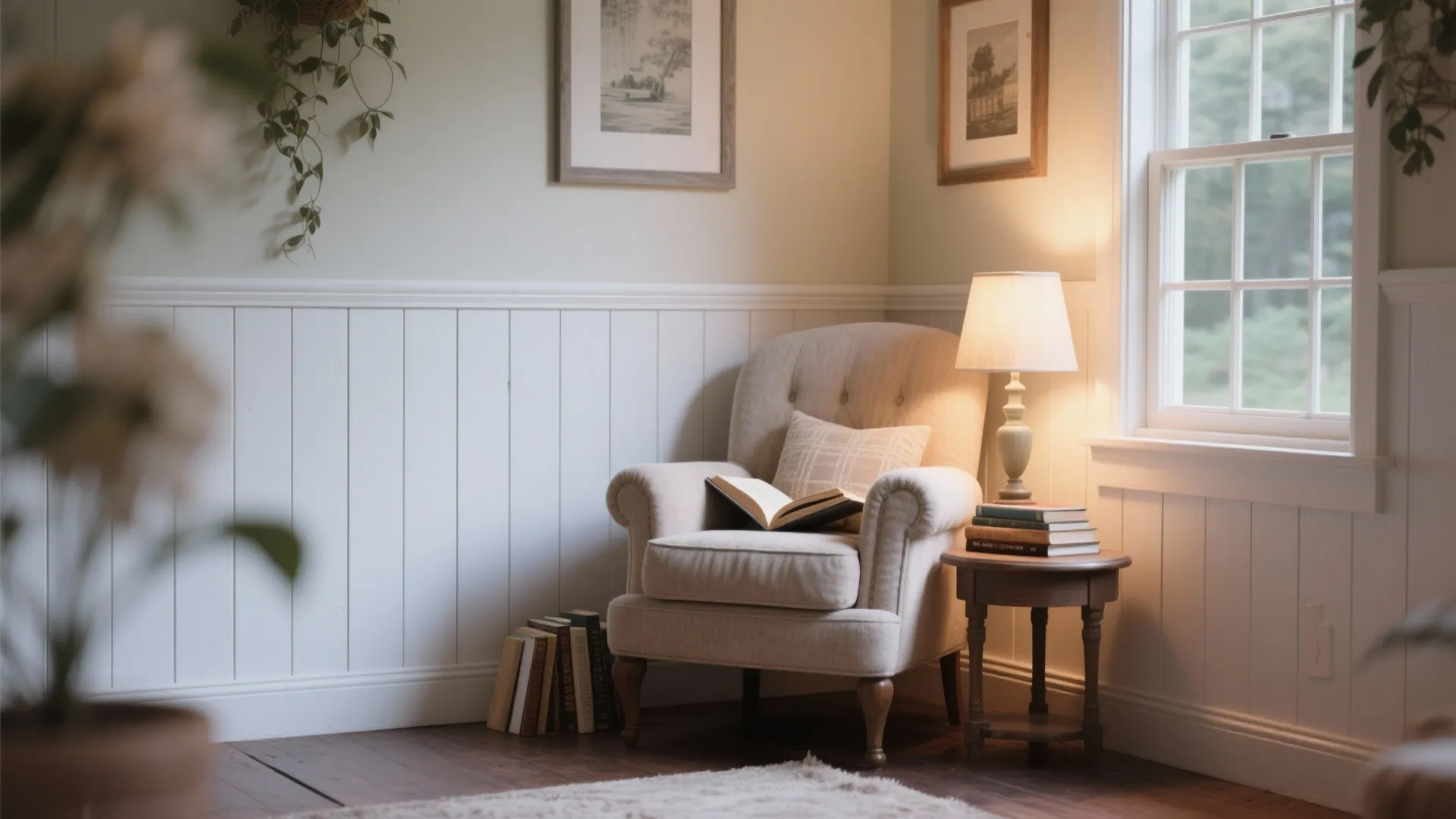 Cozy reading nook with white wall panels comfortable chair small side table and a table lamp