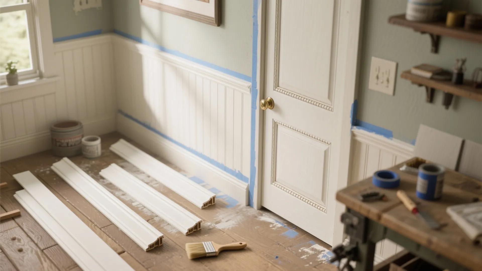 Room interior showing white wall panel installation with blue painter tape wood floor and painting tools