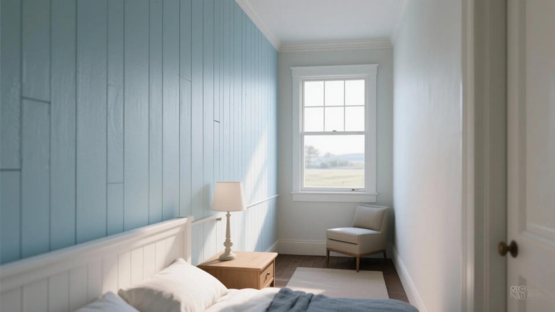 Narrow guest room featuring a beadboard half wall in a soft coastal blue and white palette.
