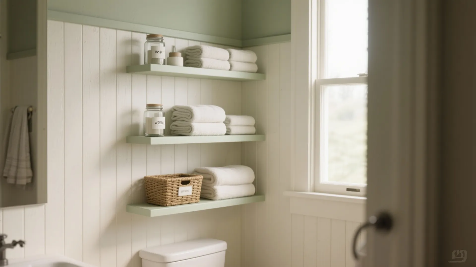 1. Painted beadboard + open shelving