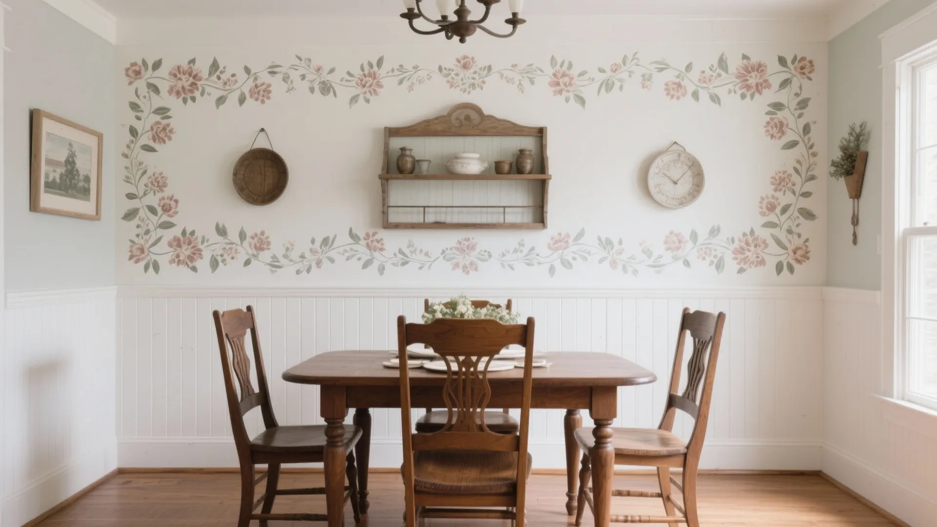 Dining room with beadboard below and stenciled wall above
