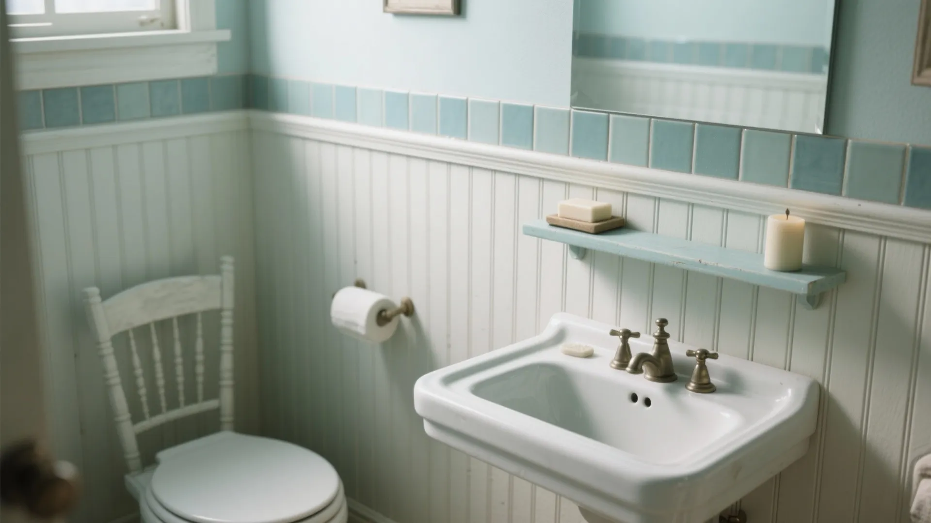 Coastal-style bathroom with beadboard wainscoting and a narrow tile cap ledge behind the sink holding soap and a candle.