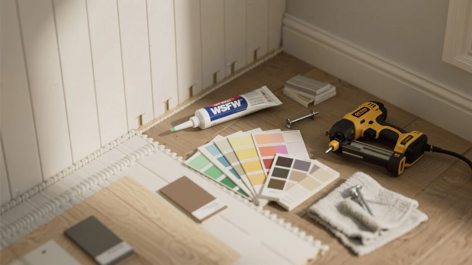 Interior renovation tools with adhesive tube color swatches nail gun and wood flooring on ground