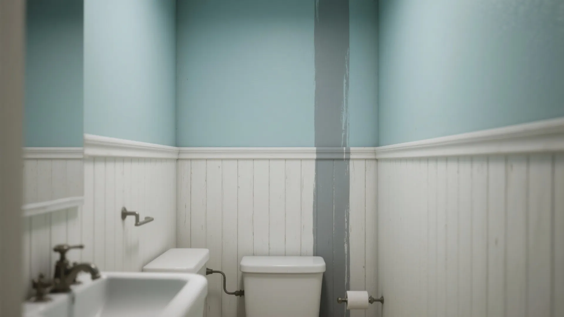 Bathroom with blue upper walls white wall panel sink toilet and a vertical grey stripe