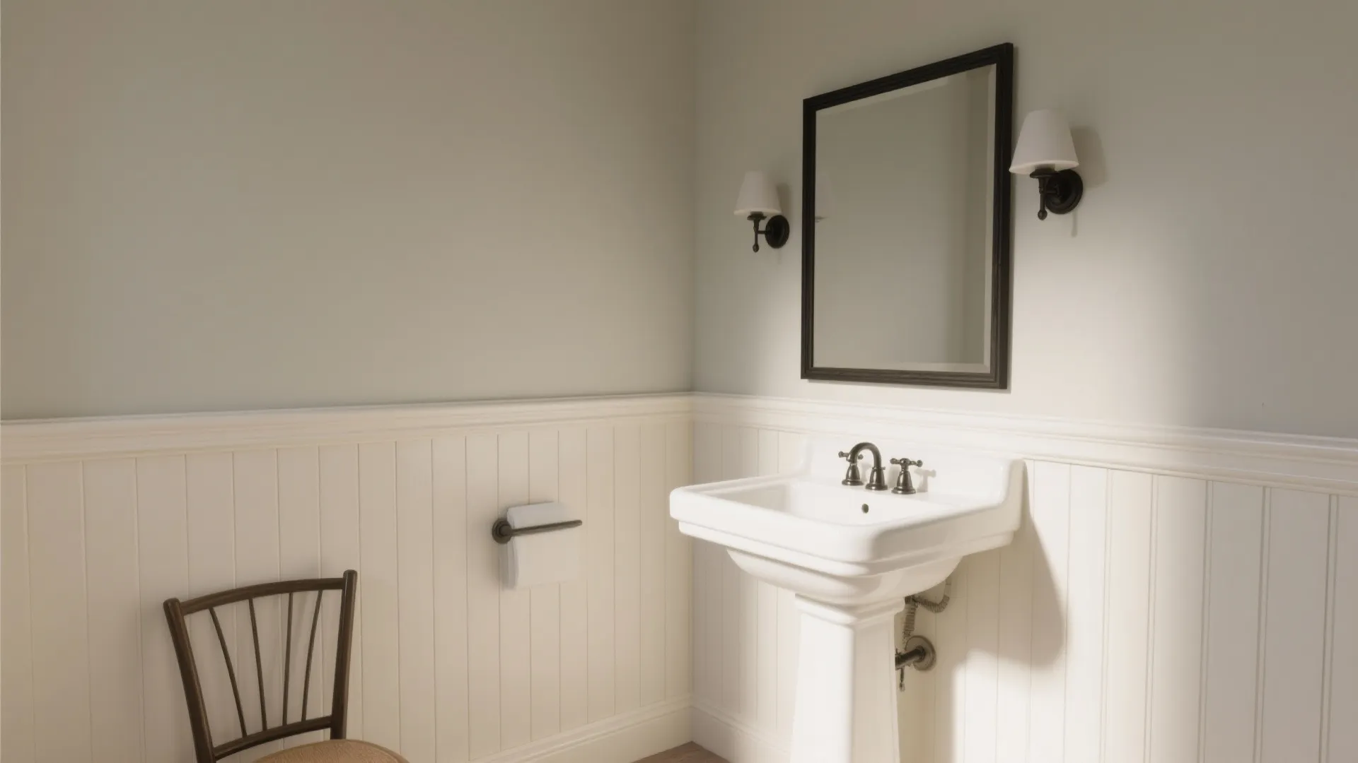 Half-height beadboard wainscoting with a level chair rail and moisture-resistant enamel finish.