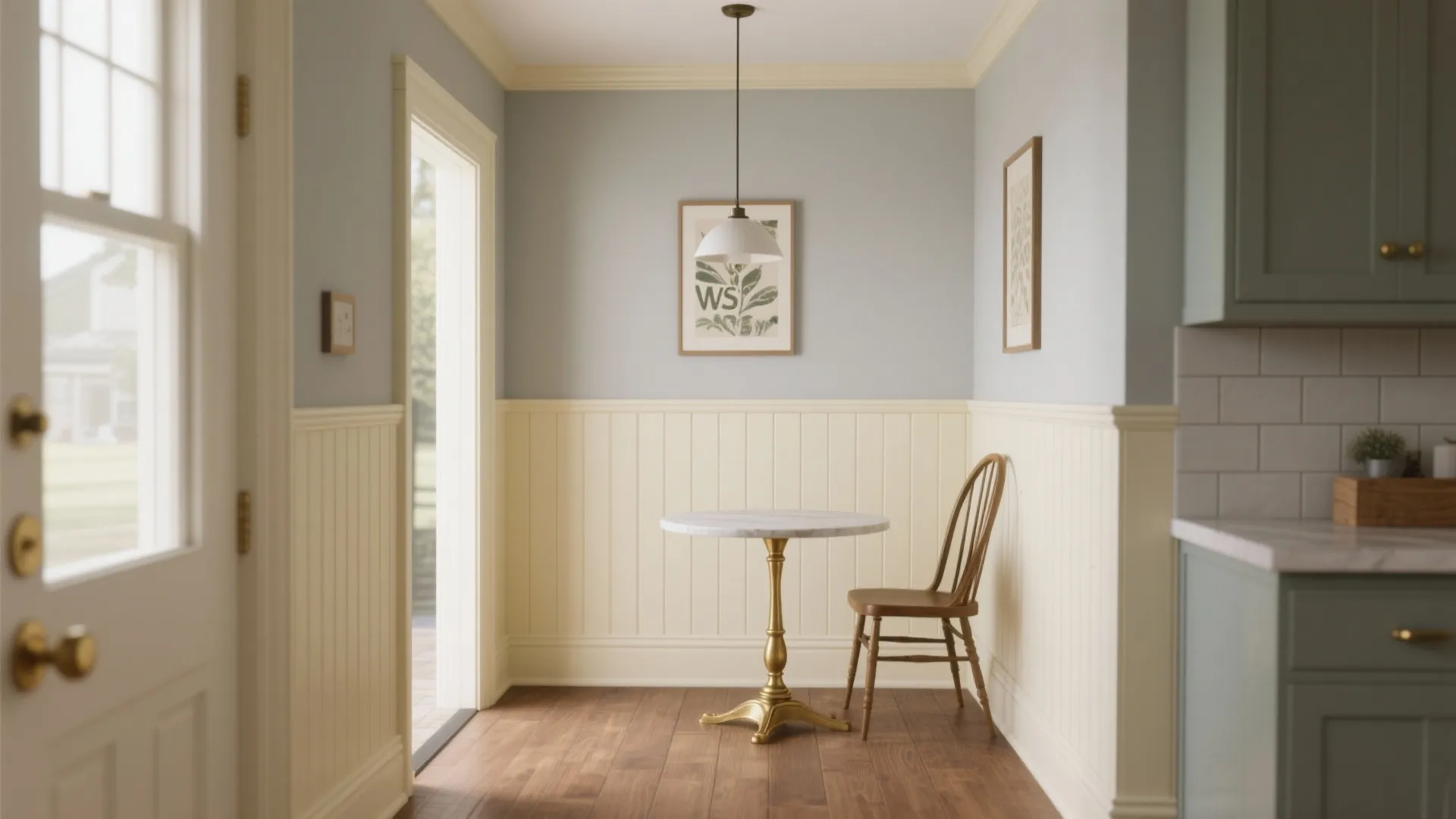 Small dining area with blue walls cream wall panels marble table wooden chair and ceiling light