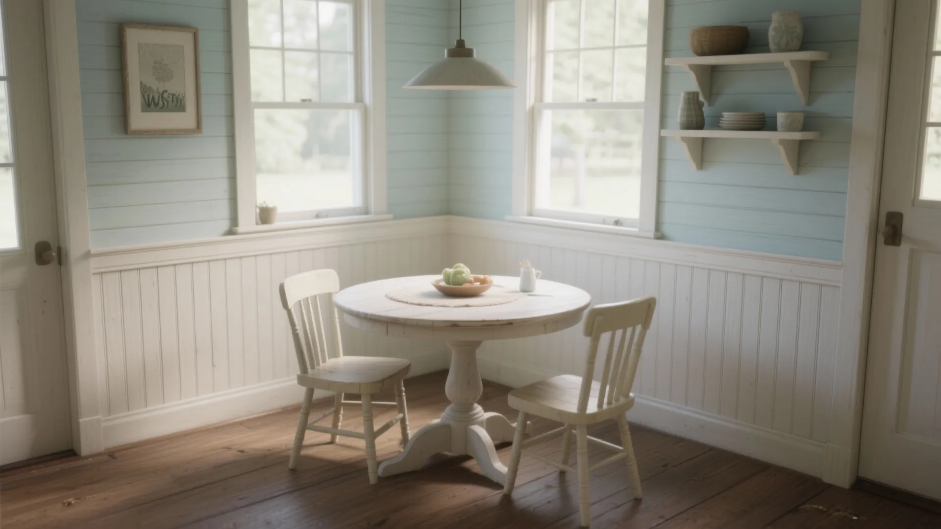 Cozy dining nook with half-height beadboard wainscoting and a cap rail, showing panel texture and seams.