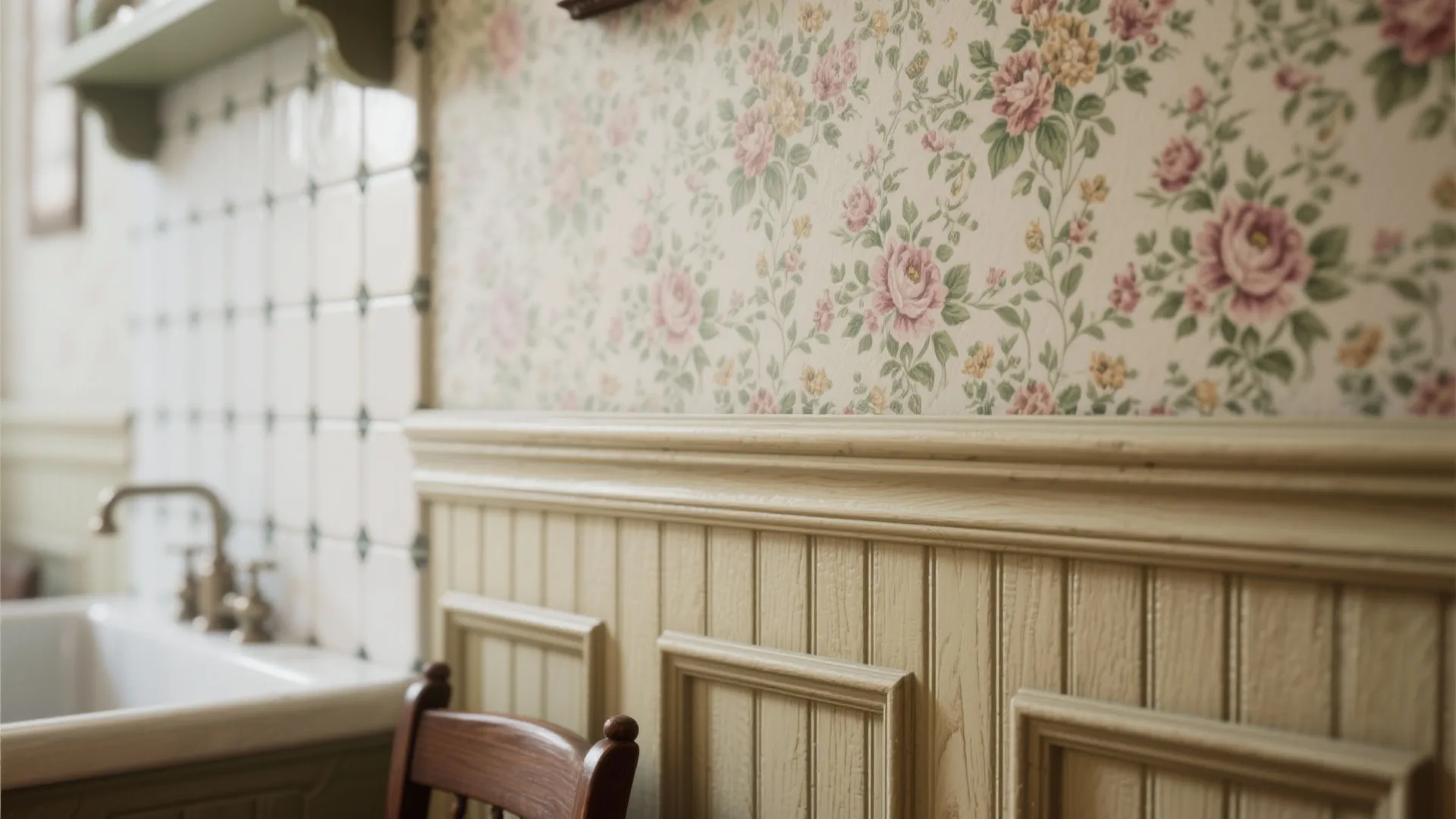 3. Layer walls with beadboard, molding, and moisture-safe wallpaper