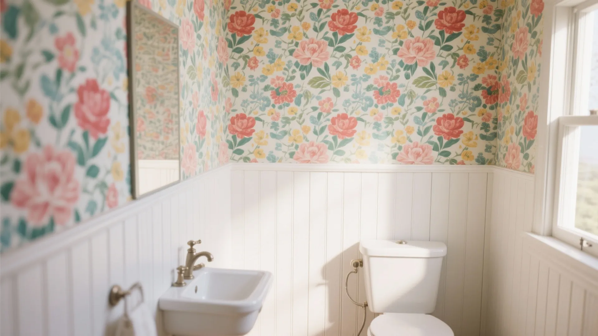 Small bathroom with floral wallpaper white wall panel sink toilet and gold faucet with mirror