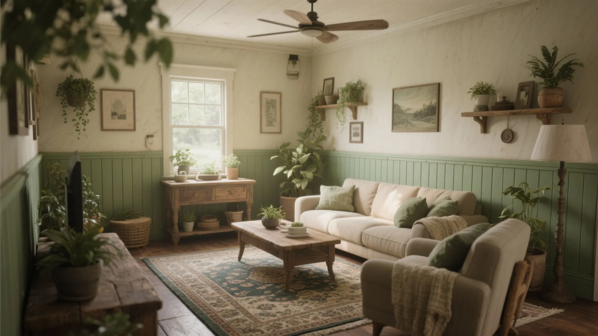 Cottage living room with sage green beadboard wainscoting
