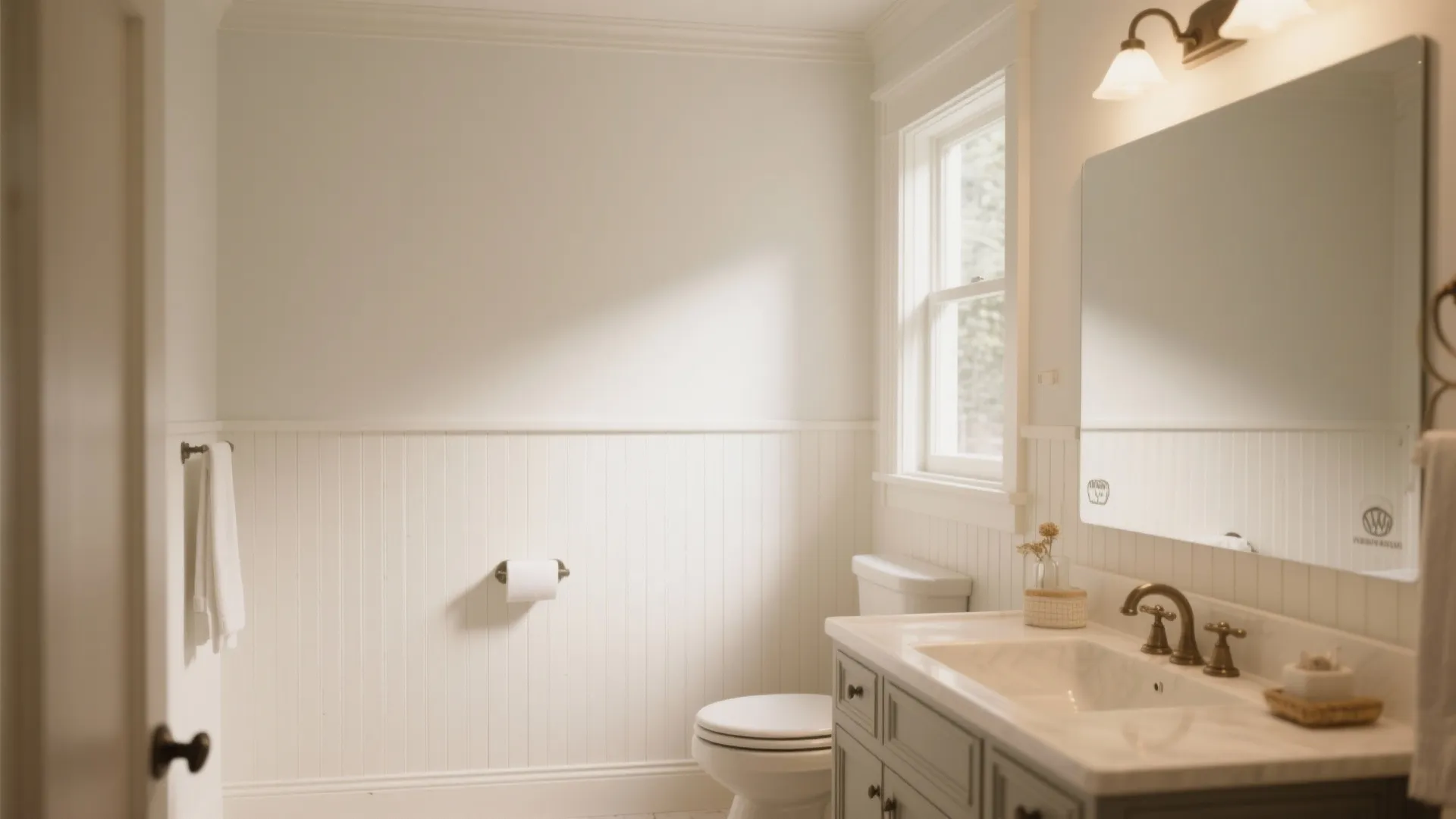 Traditional white bathroom with wall panel design featuring a toilet sink mirror and wall light