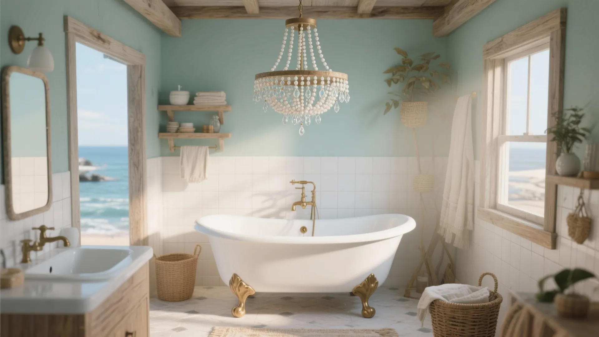 Coastal style bathroom with white bathtub gold legs beaded ceiling light and blue ocean view