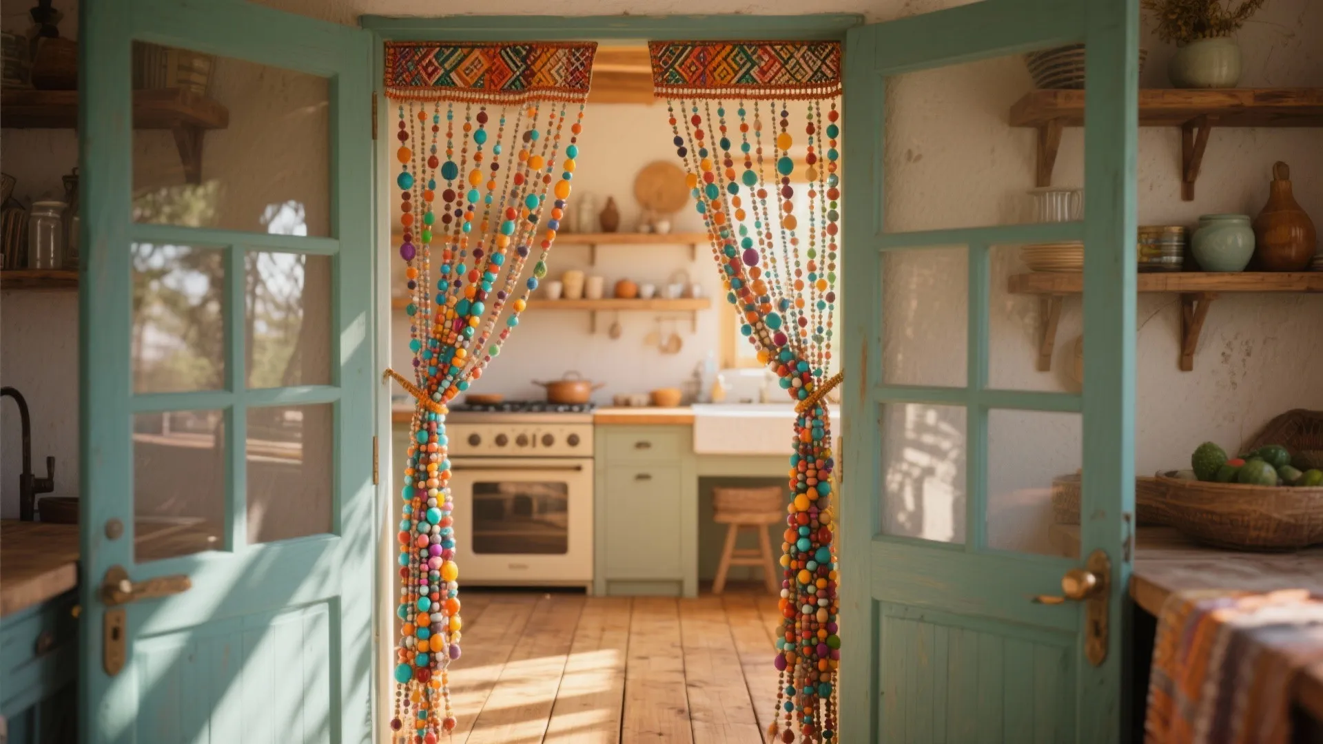 Colorful beaded curtains in a boho kitchen doorway