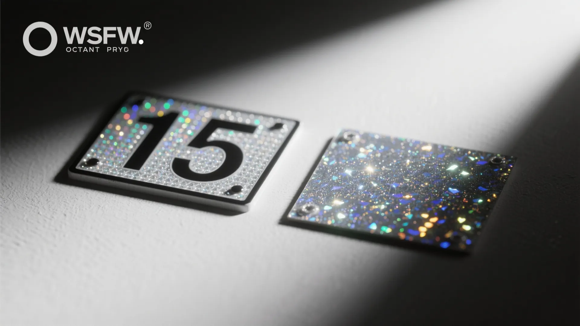 Two square decorative panels with shiny glitter finishes and number fifteen under bright studio light
