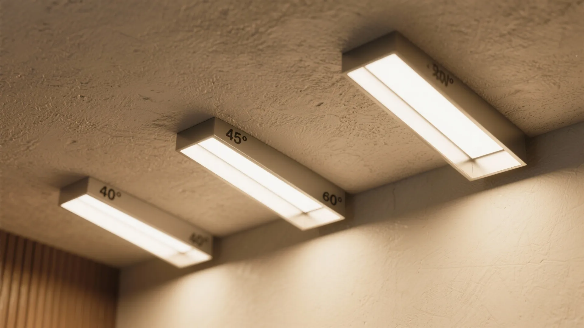 Comparison of different light fixture beam angles showing light spread on a white textured wall