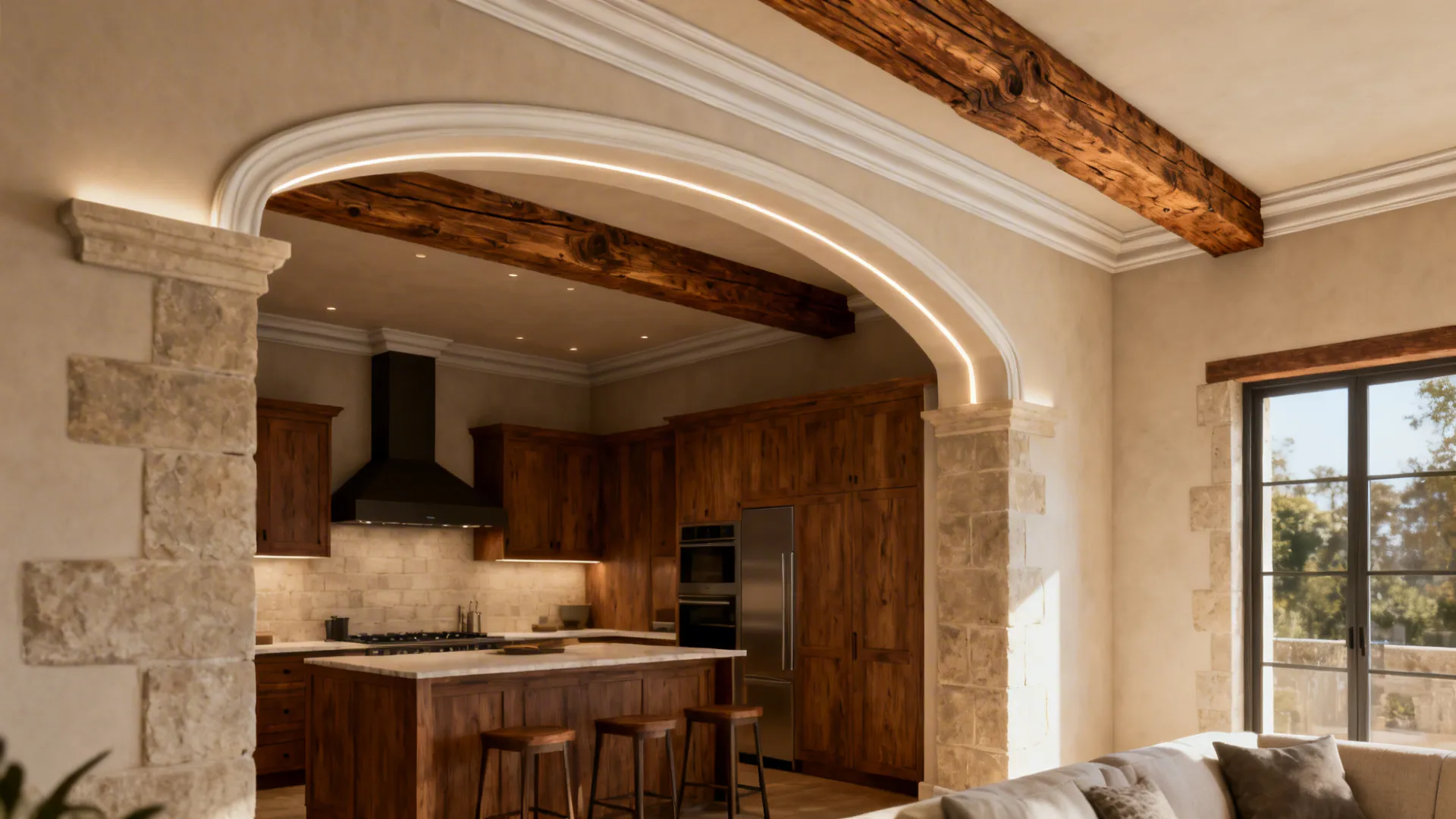 Rustic kitchen with stone arch wood beams dark wood cabinets marble island and warm light