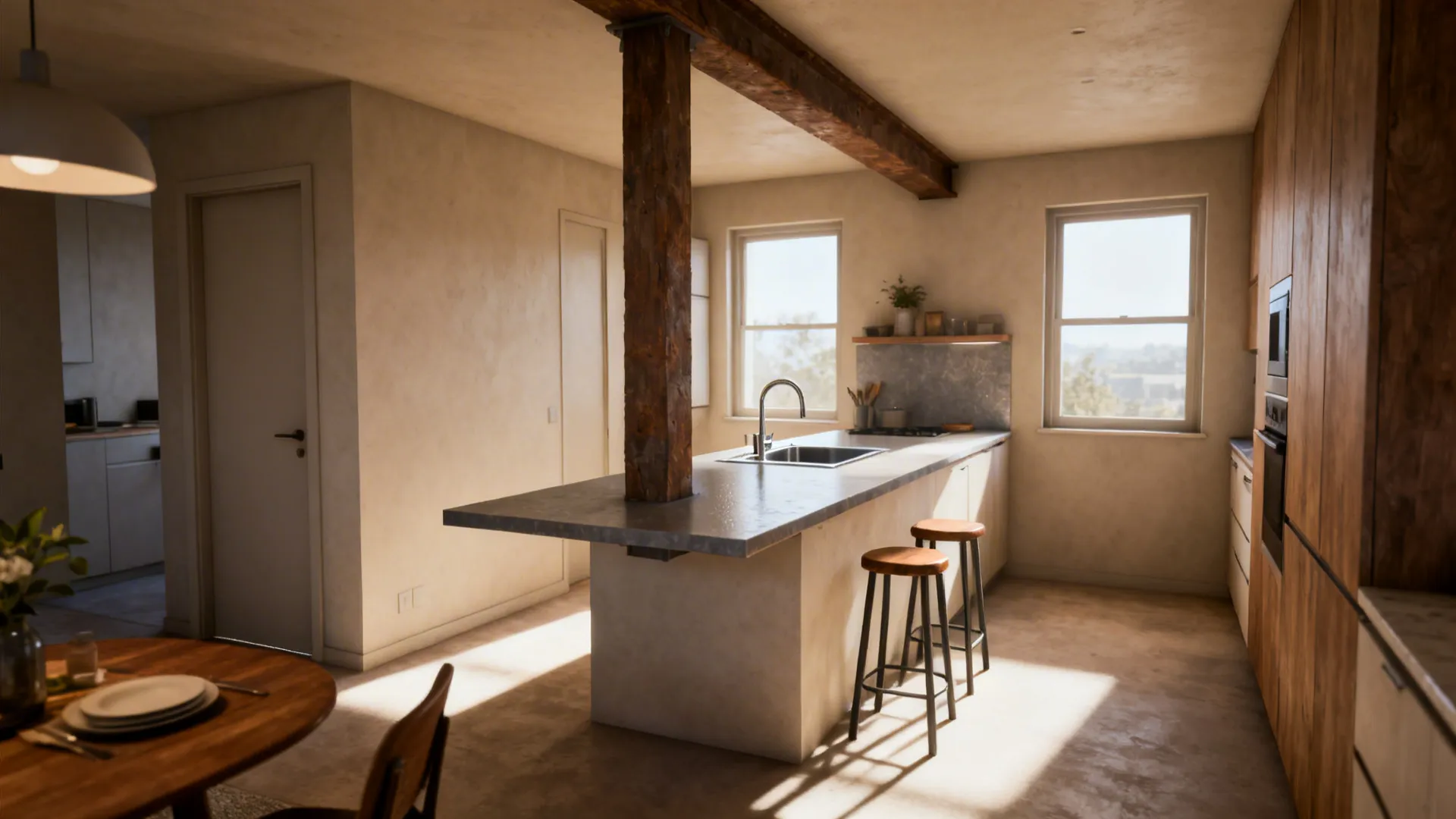 Slim cantilevered breakfast bar mounted under an exposed beam with stools for compact dining and prep.