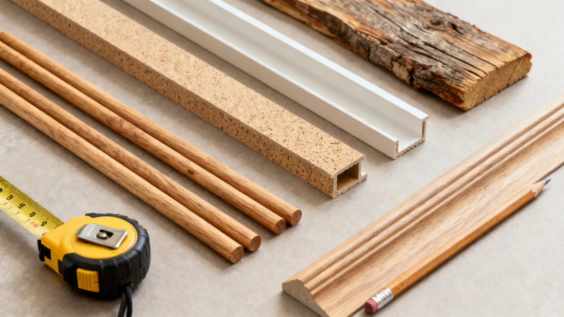 Flat lay of solid oak, veneered MDF channels, reclaimed wood, and trim for cost comparison.