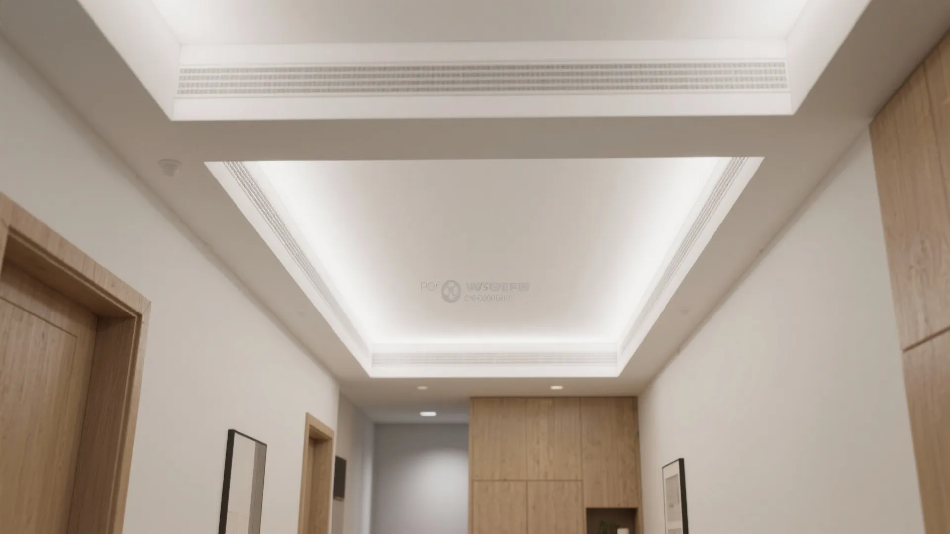Recessed ceiling with light fixture in a white hallway featuring wooden doors and a cabinet