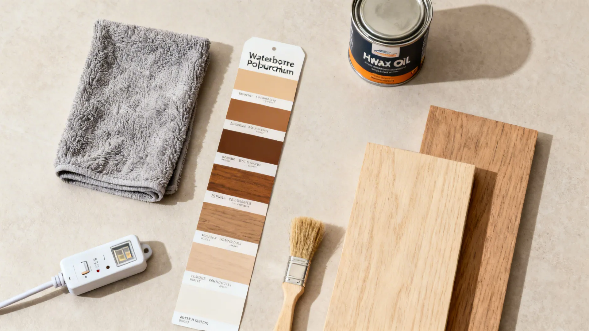 Flat lay of microfiber cloth, finishes, LED driver, and wood samples for beam care.